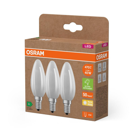 3x Żarówka LED B35 Świeczka E14 2.2W = 40W 470lm 2700K Ciepła 330° 214lm/W CLASSIC ENERGY EFFICIENCY Osram