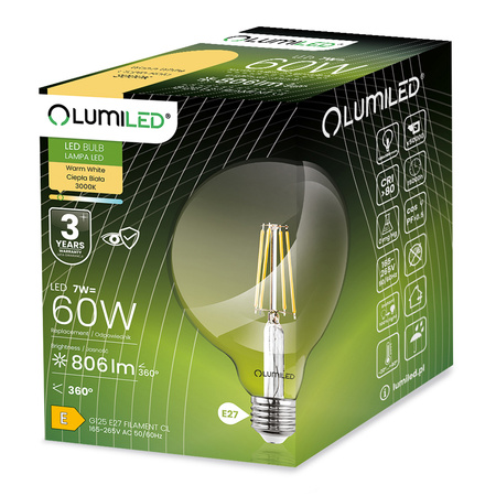 Żarówka LED E27 Kula G125 7W = 60W 806lm 3000K Ciepła 360° FILAMENT LUMILED
