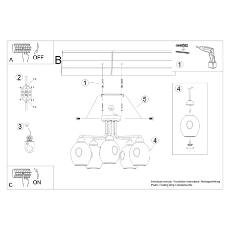 Lampa Sufitowa Wisząca Zwis 5x E27 Żyrandol Owalna Czarna Nowoczesna Fillan Sollux