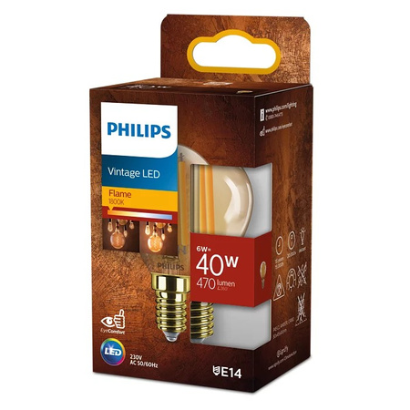 Żarówka LED Kulka E14 P45 6W = 40W 470lm 1800K Ciepła Filament Bursztynowa PHILIPS