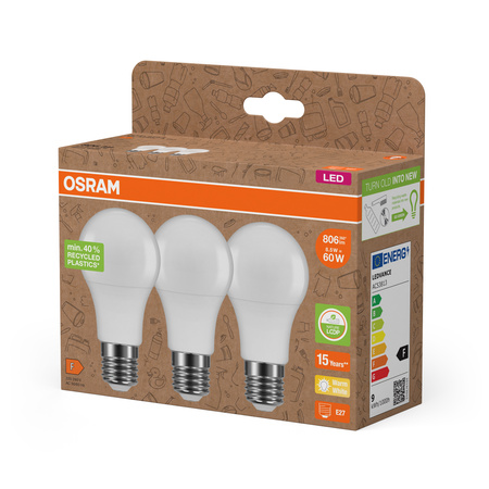 3x Żarówka LED A60 E27 8.5W = 60W 806lm 2700K Ciepła 200° PCR LAMPS Osram