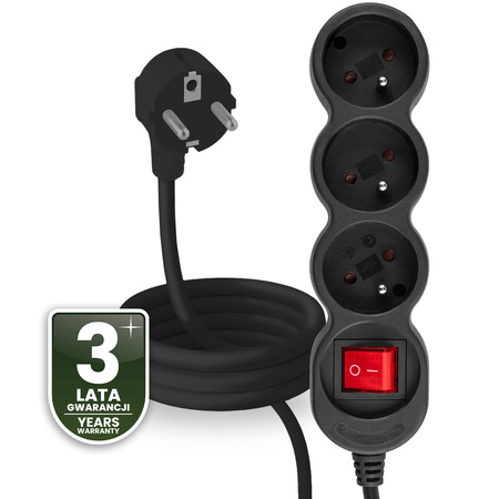 Przedłużacz Sieciowy Kabel z Uziemieniem Listwa Zasilająca 3 Gniazda 1.5m Włącznik ON/OFF Czarny Sznur Lendo Lumiled