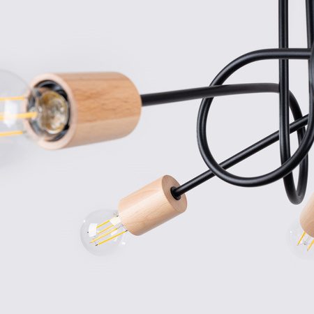 Lampa Sufitowa Żyrandol Pająk Wisząca 5x E27 Naturalne Drewno Czarna Ember Peach Puff SL.1478 Sollux