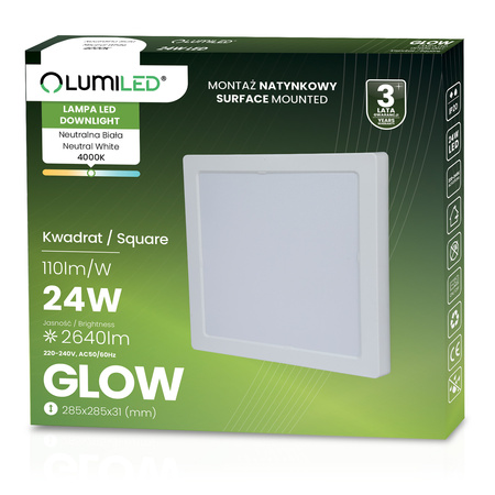 Oprawa Natynkowa Lampa LED Sufitowa 24W Kwadrat 4000K GLOW Biała LUMILED