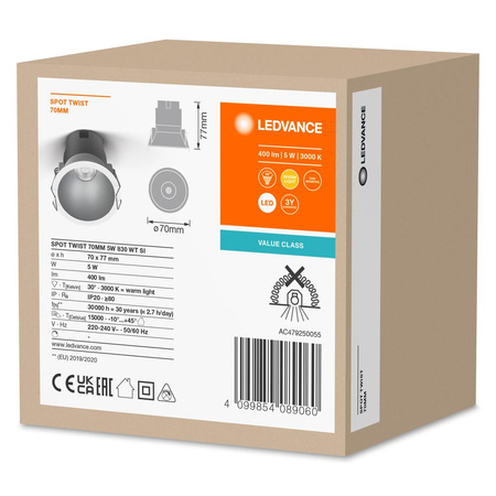 Panel LED Oprawa Podtynkowa Punktowa 5W 400lm CCT Oczko Spot Biały Srebrny Downlight Slim Ledvance