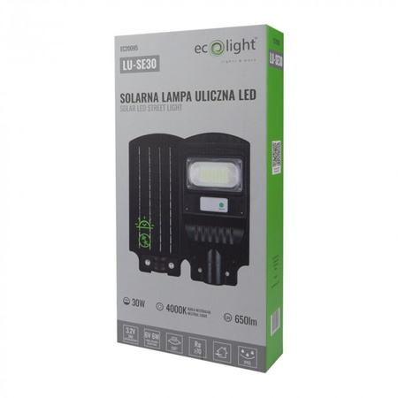 Lampa Solarna Uliczna LED 30W 650lm 4000K Neutralna IP65 z Czujnikiem Ruchu i Zmierzchu ECONOMY Ecolight