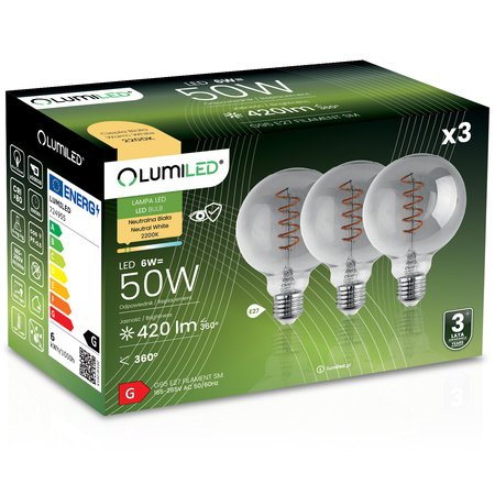 3x Żarówka LED E27 Kula G95 6W = 50W Ozdobna Dekoracyjna 360° LUMILED