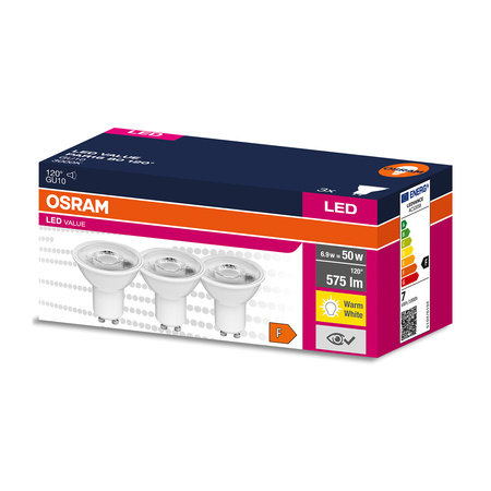 3PAK Żarówka LED GU10 6,9W = 50W 575lm 3000K Ciepła 120° OSRAM Value