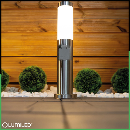 Lampa Ogrodowa Zewnętrzna E27 INOX SŁUPEK 45cm z Gniazdem 230V Lilium LUMILED
