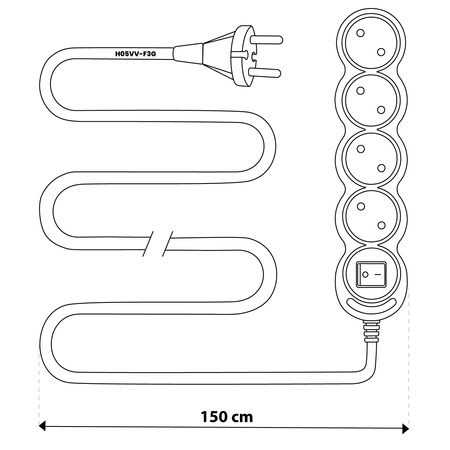 Przedłużacz Sieciowy Kabel z Uziemieniem Listwa Zasilająca 4 Gniazda 1.5m Włącznik ON/OFF Czarny Sznur Lendo Lumiled