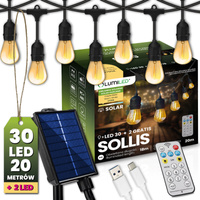 Girlanda Solarna Ogrodowa 30x LED Ozdobne Żarówki 20m + PILOT IP65 2700K Ciepła SOLLIS LUMILED