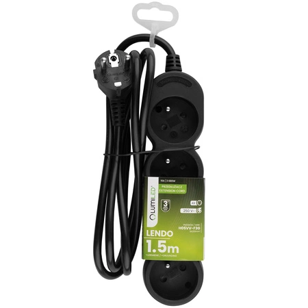 Przedłużacz Sieciowy Kabel z Uziemieniem Listwa Zasilająca 4 Gniazda 1.5m Czarny Sznur Lendo Lumiled