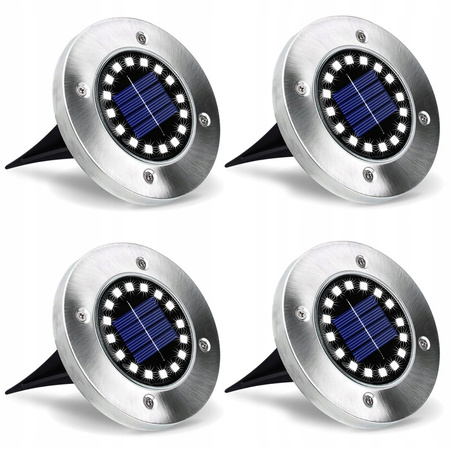 Zestaw 4x Lampki Solarne Ogrodowe LED Wbijane Dyski Dogruntowe 0.96W 6500K Zimna z Czujnikiem Zmierzchu Srebrna IP44 Masterled