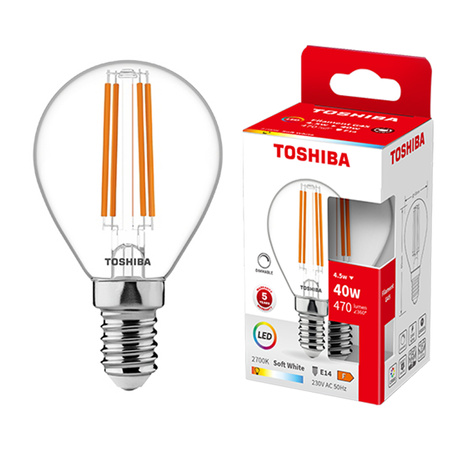 Żarówka LED E14 G45 4,5W = 40W 470lm 2700K Ciepła Filament Ściemnialna TOSHIBA