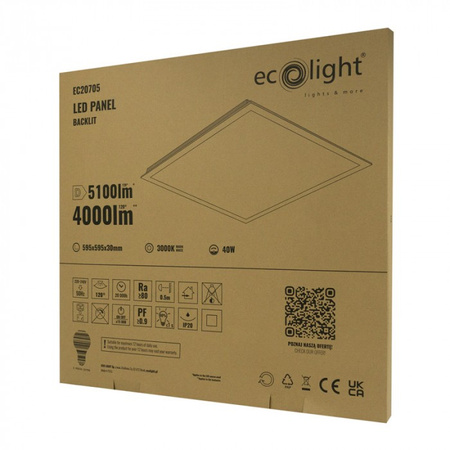 Panel LED 60x60 Kaseton Wpuszczany Podtynkowy 40W 5100lm 3000K Ciepła Biały Backlit Ecolight