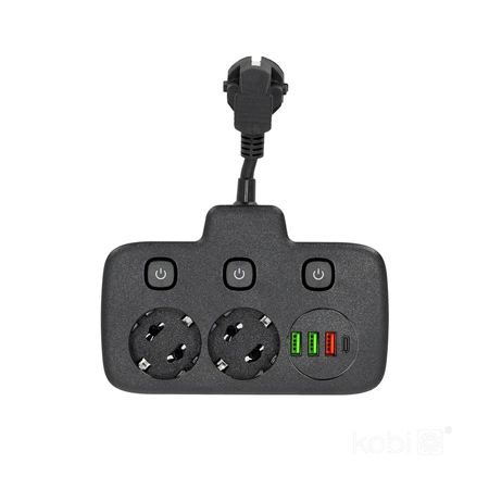 Rozgałęźnik KOBI LINEA FL 2x230V Uziemienie 3 Wyłączniki 4xUSB Czarny