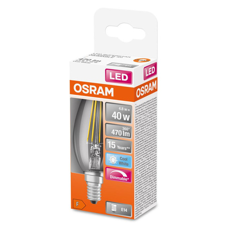 Żarówka LED B35 Świeczka E14 4.8W = 40W 470lm 4000K Neutralna 300° Ściemnialna Retrofit Filament CLASSIC Osram