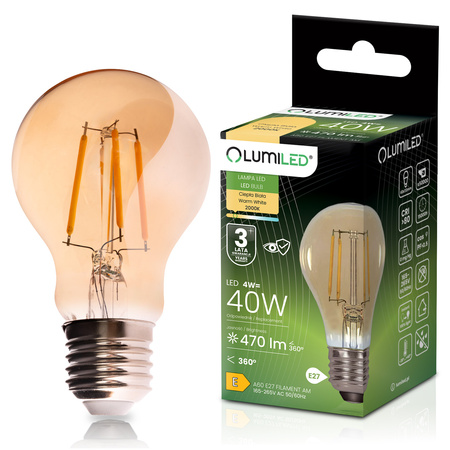 Żarówka LED E27 A60 4W 470LM = 40W 2000K Ciepła 360° Filament Amber LUMILED