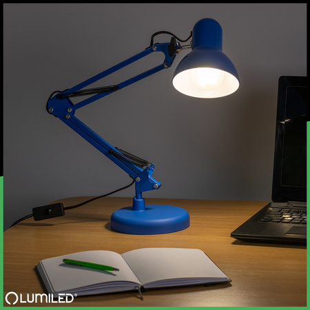 Lampka Biurkowa Kreślarska Stołowa E27 TOBI Niebieska Lumiled + uchwyt na blat
