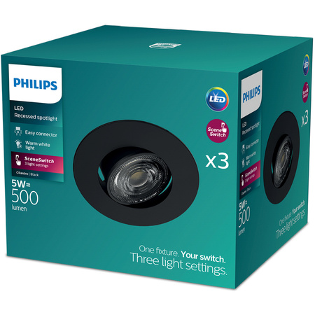 3x Oprawa Podtynkowa Wpuszczana LED 5W 500lm 2700K Ciepła Ruchoma Okrągła Czarna Ściemnialna 3-STEP SceneSwitch Cilantro Philips