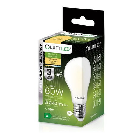 6x Żarówka LED E27 A60 4W = 60W 840lm 3000K Ciepła 360° FILAMENT LUMILED