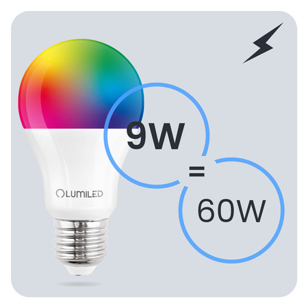 3x Żarówka LED E27 A60 9W = 60W 806lm 3000K + RGB Wielokolorowa 260° Ściemnialna Pilot LUMILED