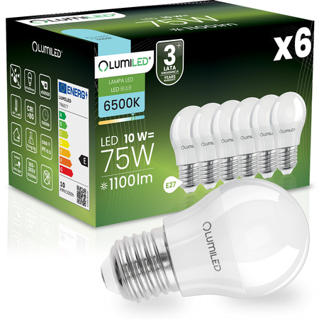 6x Żarówka LED E27 Kulka P45 10W = 75W 1100lm 6500K Zimna 180° LUMILED