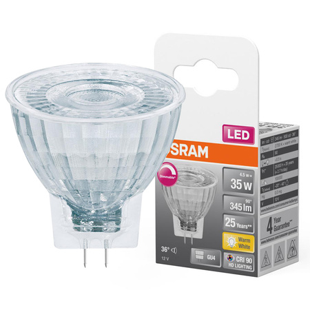 Żarówka LED MR11 Reflektor GU4 4.5W = 35W 345lm 2700K Ciepła CRI90 12V 36° Ściemnialna SUPERSTAR Osram