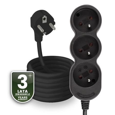 Przedłużacz Sieciowy Kabel z Uziemieniem Listwa Zasilająca 3 Gniazda 5m Czarny Sznur Lendo Lumiled