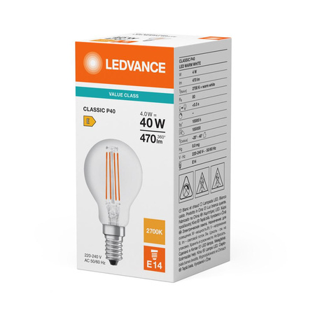 Żarówka LED P45 E14 4W = 40W 470lm 2700K Ciepła Biała FILAMENT LEDVANCE