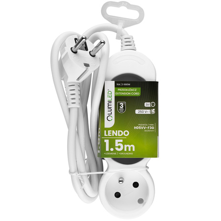 Przedłużacz Sieciowy Kabel z Uziemieniem Listwa Zasilająca 3 Gniazda 1.5m Biały Sznur Lendo Lumiled