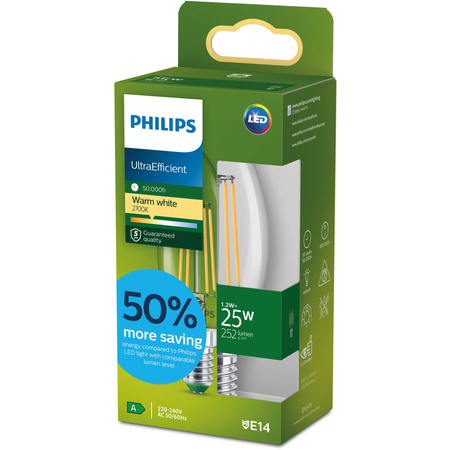 Żarówka LED E14 Świeczka B35 1.2W = 25W 252lm 210lm/W 2700K Ciepła 300° KLASA A UltraEfficient Philips