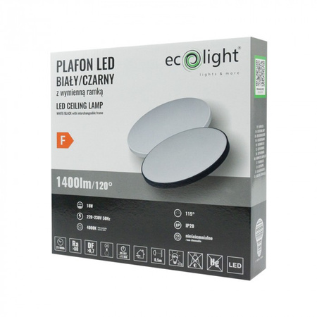 Plafon LED Lampa Sufitowa 18W 1400lm 4000K Neutralna z Wymienną Ramką Czarną lub Białą Ecolight