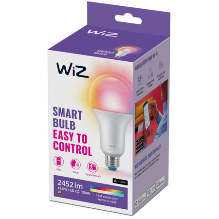 Żarówka LED E27 A80 18.5W = 150W 2452lm 2200-6500K RGB + TW Inteligentna SMART WiFi Bluetooth Aplikacja WiZ