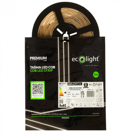 Taśma LED Pasek COB 9W/m 990lm/m 480LED/m 12V 6000K Zimna CRI90 IP67 Rolka 5m Ecolight