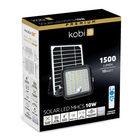 Naświetlacz LED Solarny Zewnętrzny Ogrodowy 10W 1500lm 4000K Neutralny 120° z Czujnikiem Ruchu i Zmierzchu IP65 Czarny MHCS Kobi