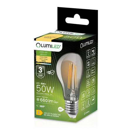 Zestaw 6x Żarówka LED A60 E27 6W = 50W 660lm 2200K Ciepła 360° Filament Dymiona LUMILED Smokey