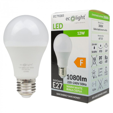 Żarówka LED A60 E27 12W 1080lm 3000K Ciepła Ecolight