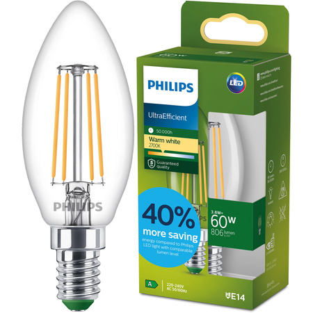 Żarówka LED E14 Świeczka B35 3.8W = 60W 806lm 212lm/W 2700K Ciepła 300° KLASA A UltraEfficient Philips