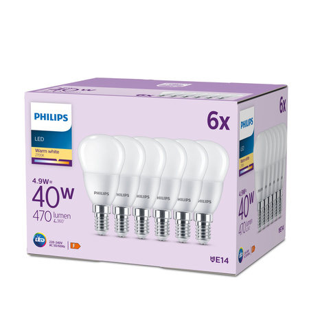 6x Żarówka LED E14 Kulka P45 4.9W = 40W 470lm 2700K Ciepła EC Multipack Philips