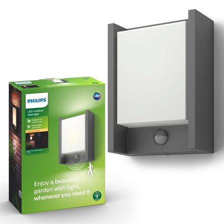 Kinkiet Ogrodowy Lampa Elewacyjna Zewnętrzna LED 6W 600lm 2700K IP44 z Czujnikiem Ruchu i Zmierzchu Antracyt Arbour Philips