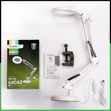 ZESTAW Lampka Biurkowa LED 8W CCT Kreślarska Stołowa Lupa LUCA 2 Biała + Adapter USB 5V/1A DC LUMILED