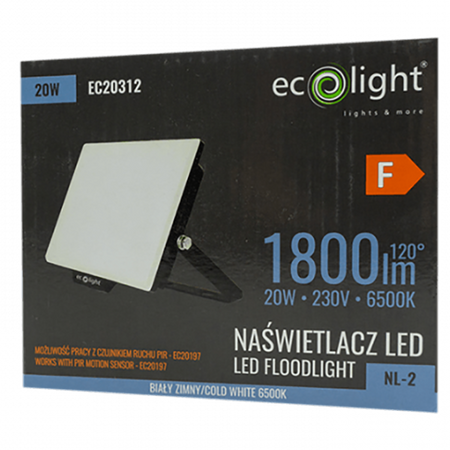 Naświetlacz LED Lampa Reflektor 20W 1800lm 6500K Zimna IP65 NL-2 Ecolight