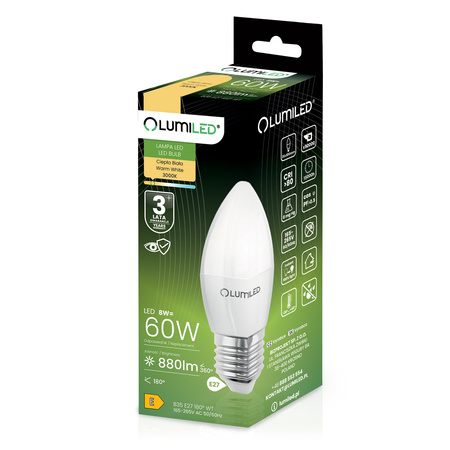 Żarówka LED E27 Świeczka B35 8W = 60W 880lm 3000K Ciepła 180° LUMILED