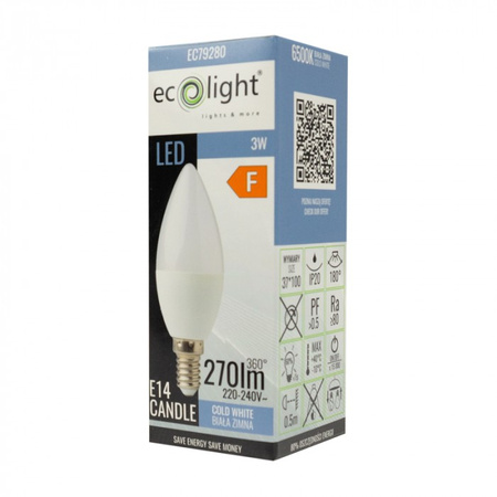 Żarówka LED Świeczka B37 E14 3W 270lm 6500K Zimna Ecolight