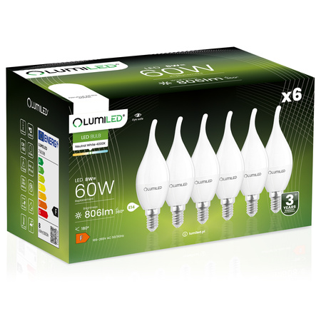 Zestaw 6x Żarówka LED E14 BA35 8W = 60W 806lm 4000K Neutralna 180° LUMILED