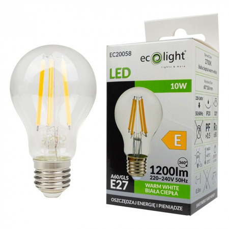 Żarówka LED A60 E27 10W 1200lm 2700K Ciepła FILAMENT Ecolight