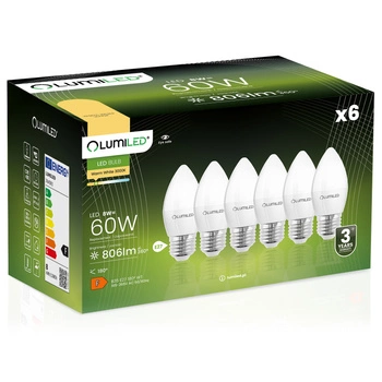 6x Żarówka LED E27 Świeczka B35 8W = 60W 806lm 3000K Ciepła 180° LUMILED