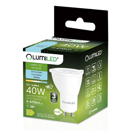 Żarówka LED GU10 Reflektor PAR16 3,4W = 40W 470LM 6500K Zimna 38° LUMILED