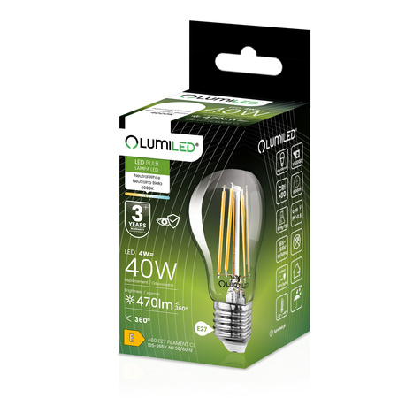 Żarówka LED E27 A60 4W = 40W 470lm 4000K Neutralna 360° FILAMENT LUMILED